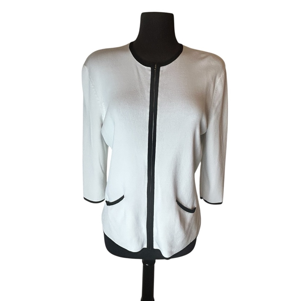 Venini Vintage Zip-Up Cardigan – White & Black, 3/4 Sleeves, Size XL